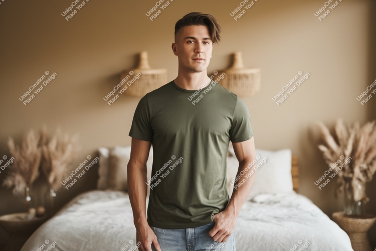 Man wearing olive green t shirt image