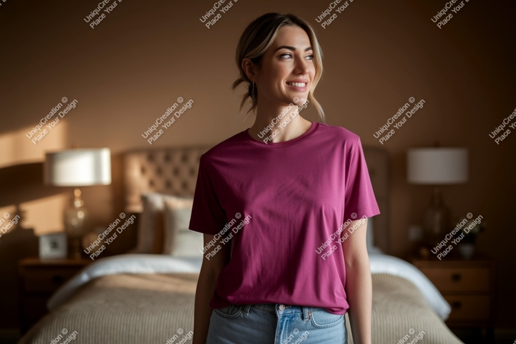 Woman wearing magenta t shirt and jeans image