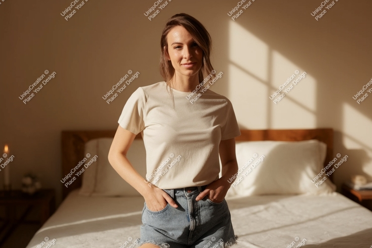 Woman wearing cream t shirt denim shorts