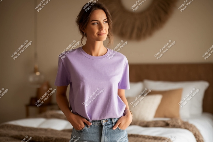 Woman wearing lavender t shirt and denim jeans image