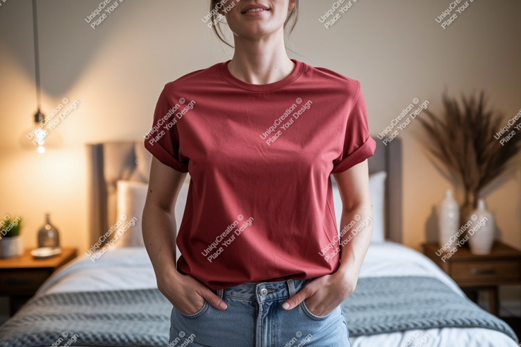 Woman wearing red t shirt and jeans image