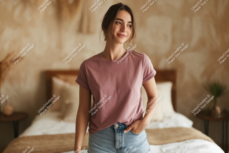 Woman wearing dusty rose t-shirt and denim shorts