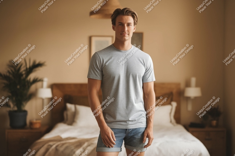Man wearing grey t shirt and denim shorts image