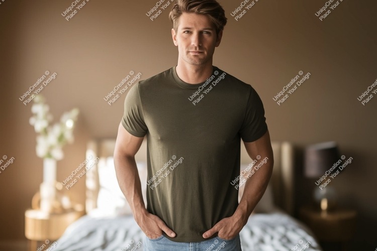 Man wearing olive green t shirt image