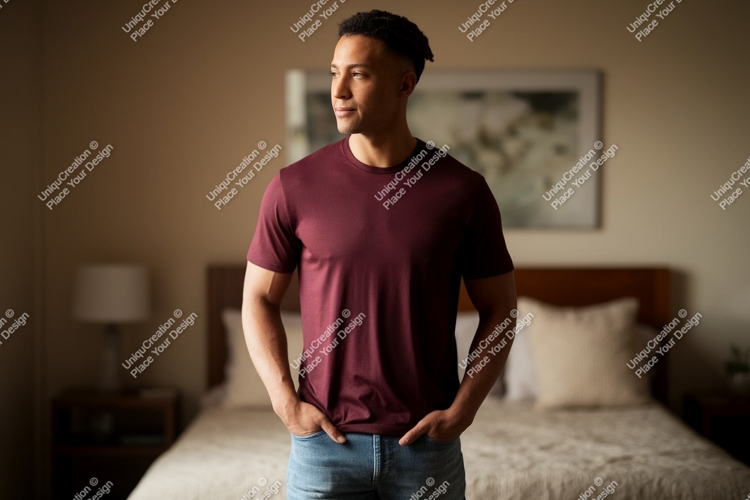 Man wearing maroon t shirt and jeans image
