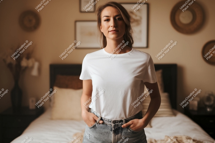 Woman wearing white t shirt and denim shorts image