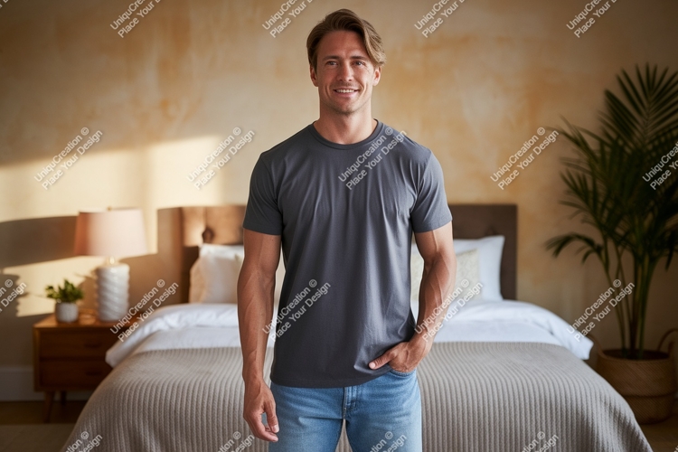 Man wearing grey t-shirt and blue jeans image