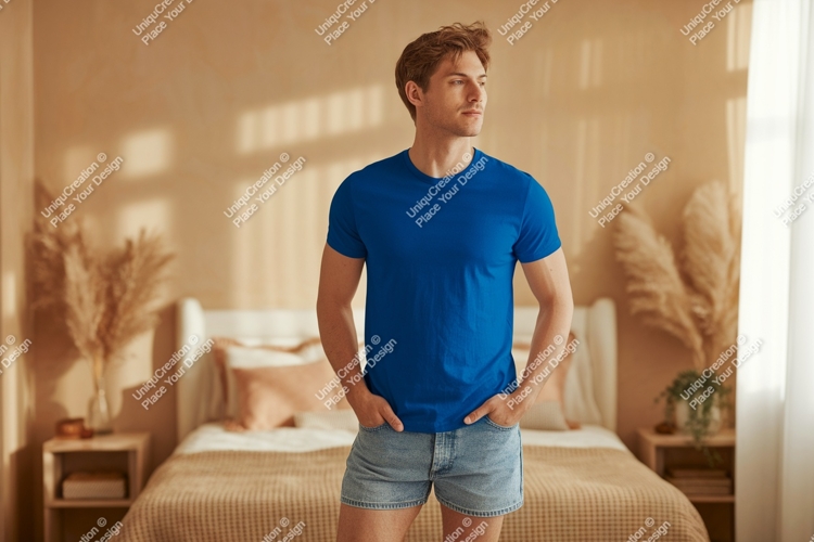 Man wearing blue t shirt denim shorts image
