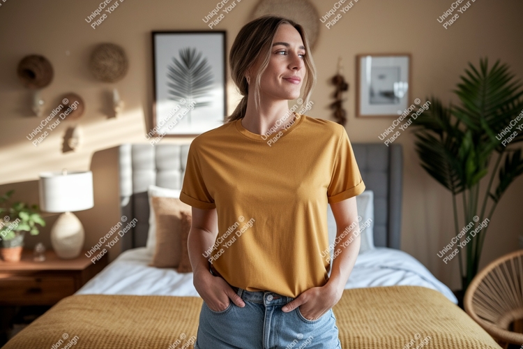 Woman wearing mustard t shirt and denim shorts image