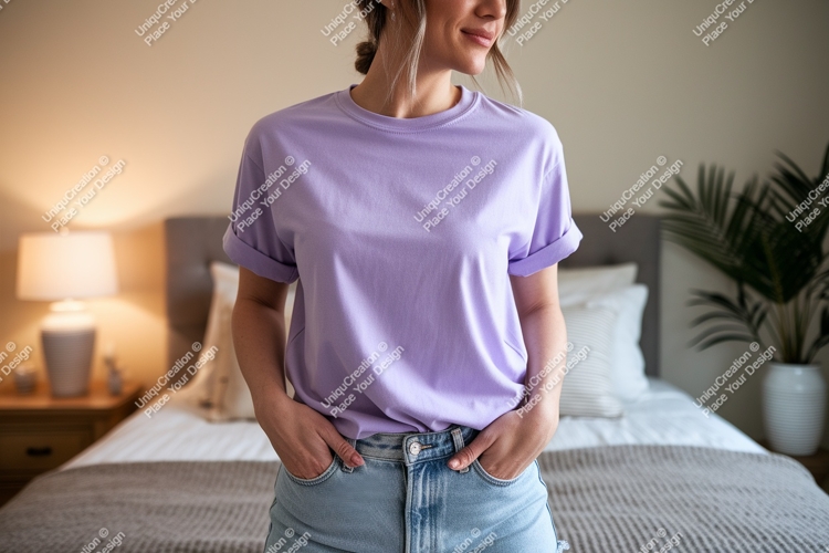 Woman wearing lavender t shirt and denim image