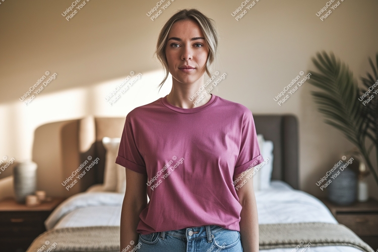 Woman wearing pink t shirt jeans