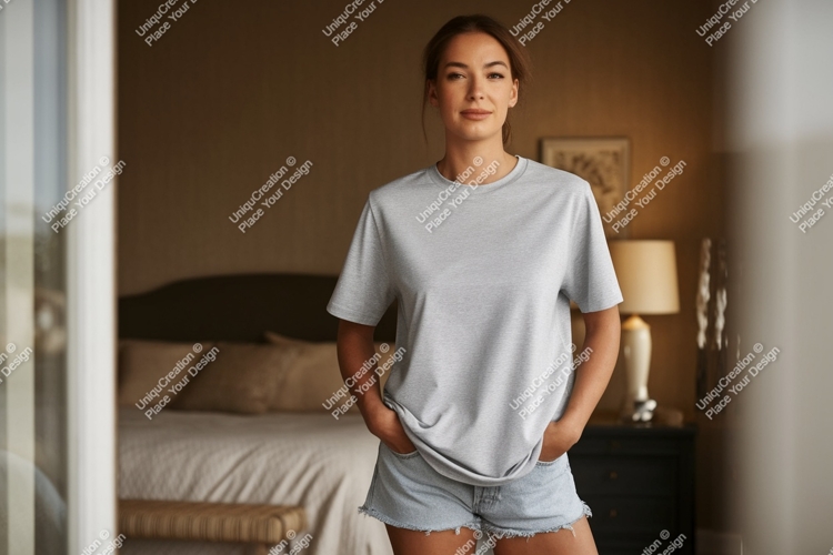 Woman wearing grey t shirt and denim shorts image