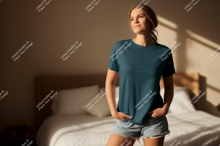 Woman wearing teal t shirt and denim shorts t-shirt