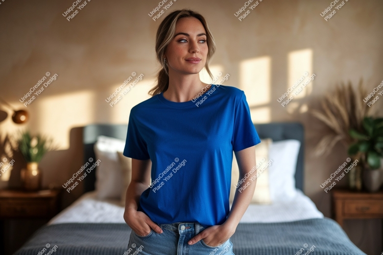Woman wearing blue t shirt mockup