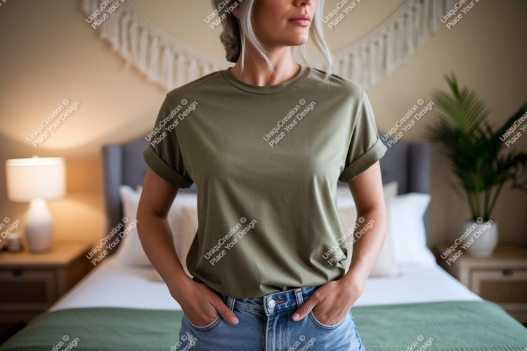 Woman wearing olive green t shirt and denim image