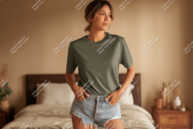 Woman wearing olive green t shirt and denim shorts