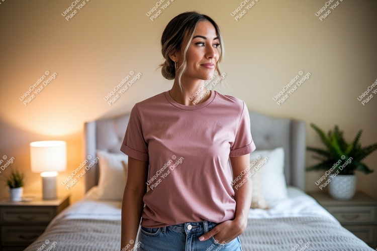 Woman wearing pink t shirt mockup
