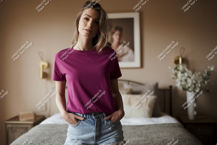 Woman wearing magenta t shirt and denim shorts image