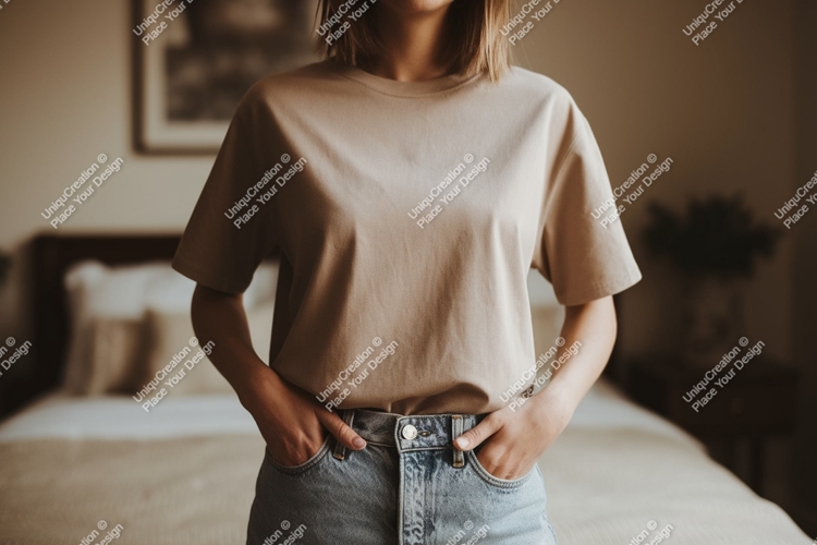 Woman wearing plain beige t shirt and denim jeans image