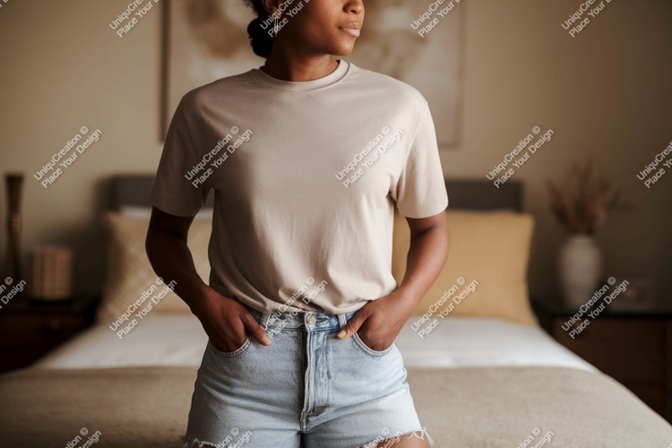Woman wearing plain t shirt and denim shorts t-shirt