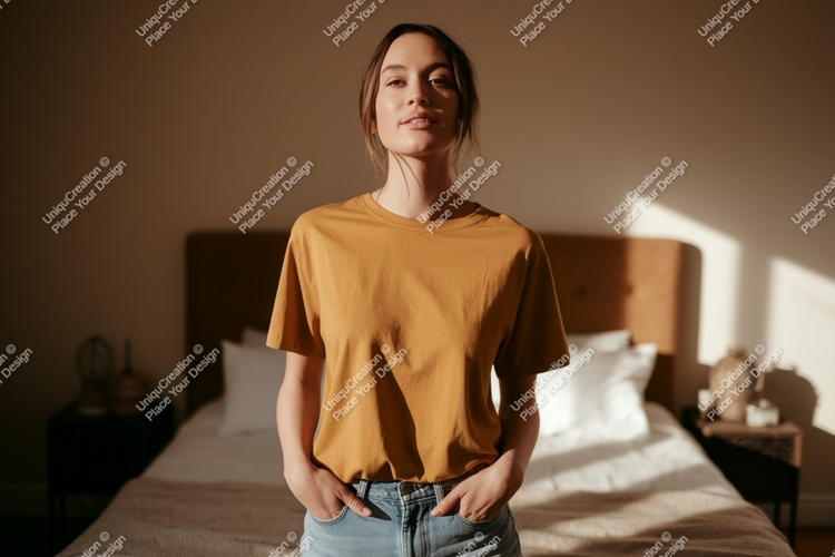 Woman wearing mustard t shirt casual