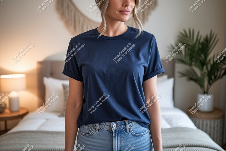 Woman wearing navy blue t shirt and denim jeans image