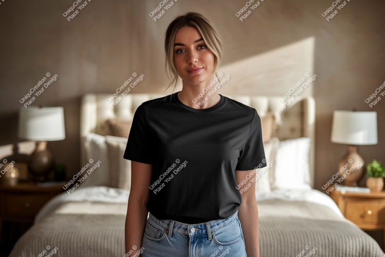 Woman wearing black t-shirt and denim jeans image