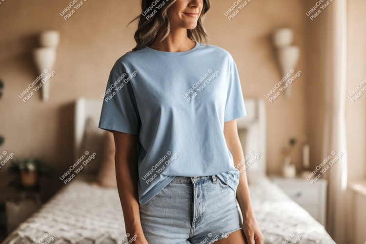 Woman wearing blue t shirt and denim shorts image