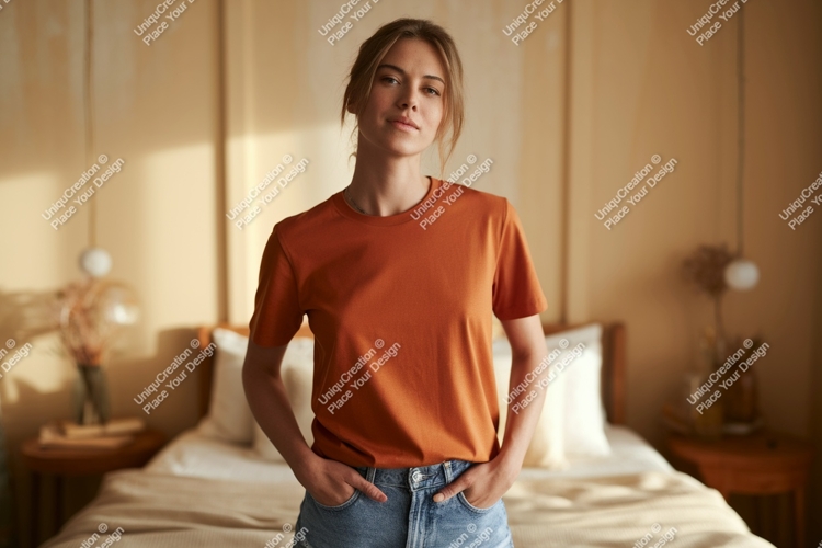 Woman wearing orange t shirt and denim shorts image