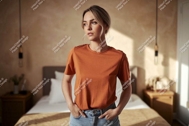 Woman wearing orange t shirt and denim jeans image
