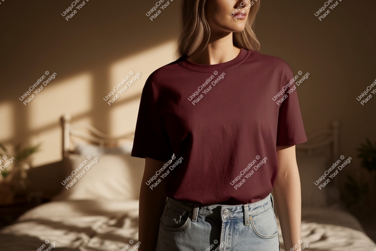 Woman wearing maroon t shirt mockup