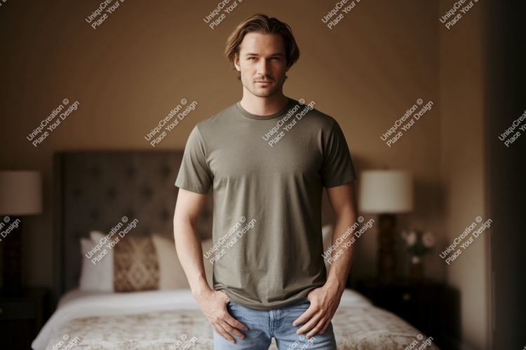 Man wearing olive green t shirt and blue jeans image