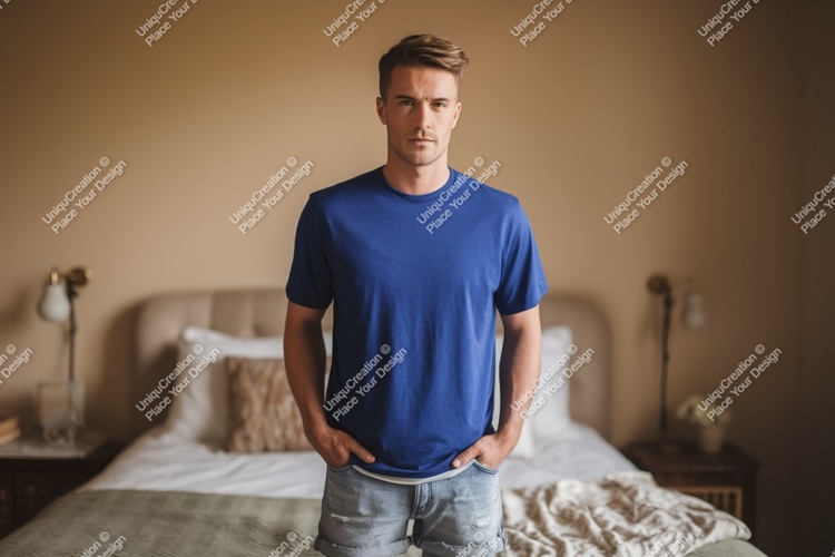 Man wearing blue t shirt and denim shorts image