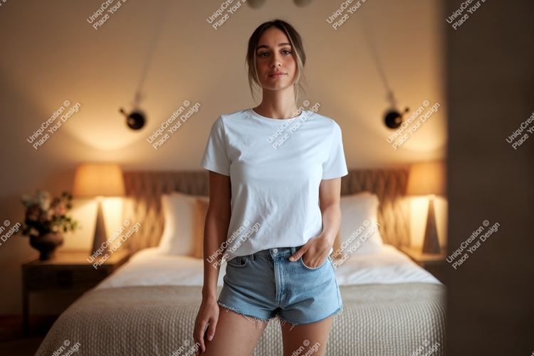 Woman wearing white t shirt denim shorts image