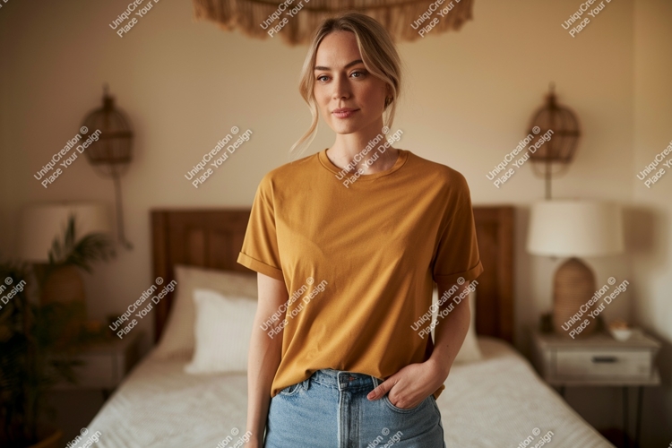Woman wearing mustard t shirt and denim jeans image