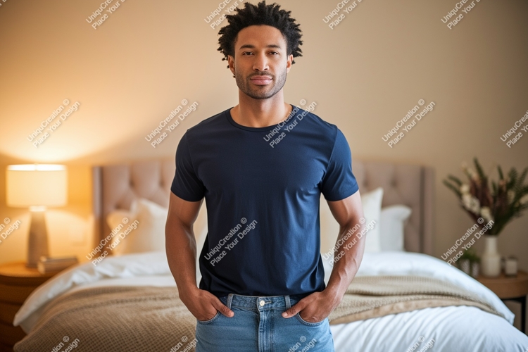 Man wearing dark blue t shirt and jeans image