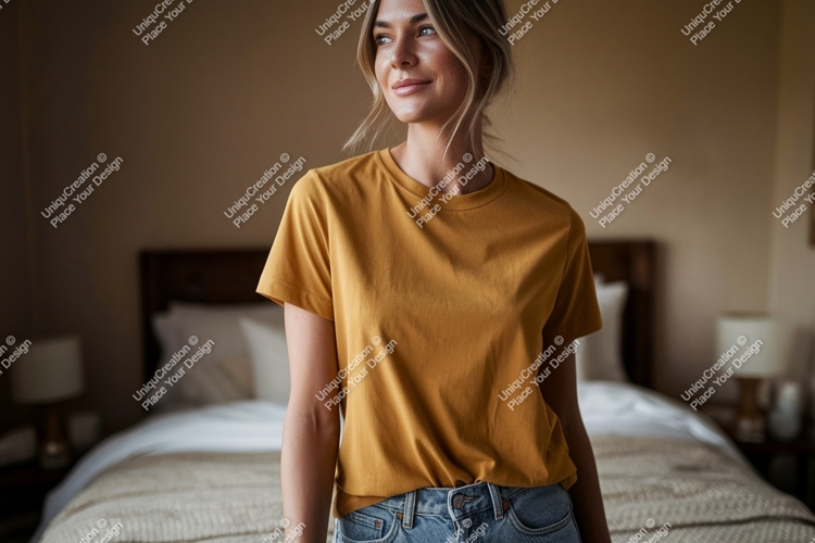 Woman wearing mustard yellow t shirt image