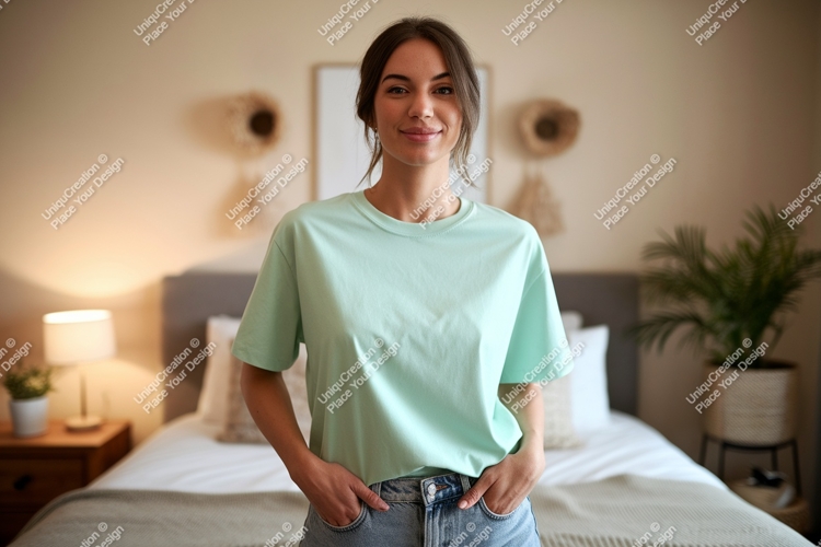 Woman wearing mint t shirt and jeans image