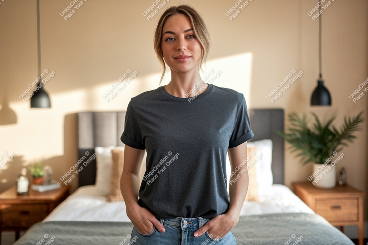 Woman wearing dark grey t shirt mockup image
