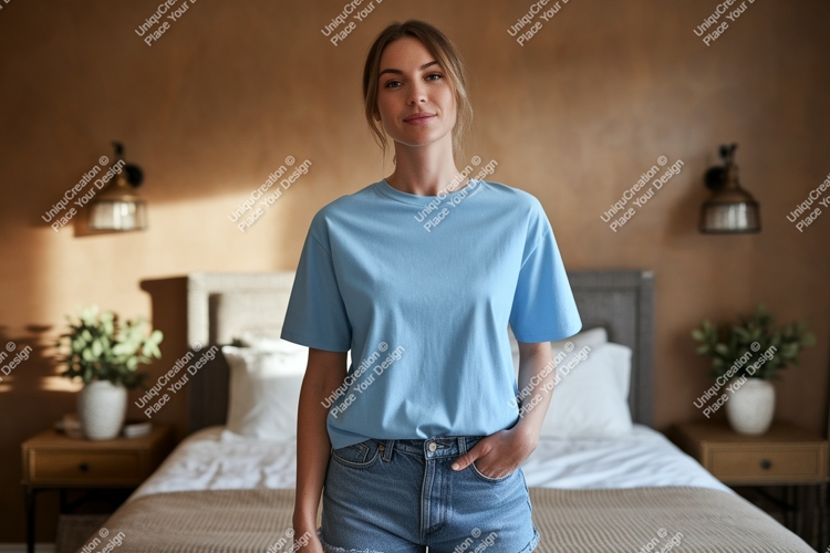 Woman wearing blue t shirt and denim shorts image