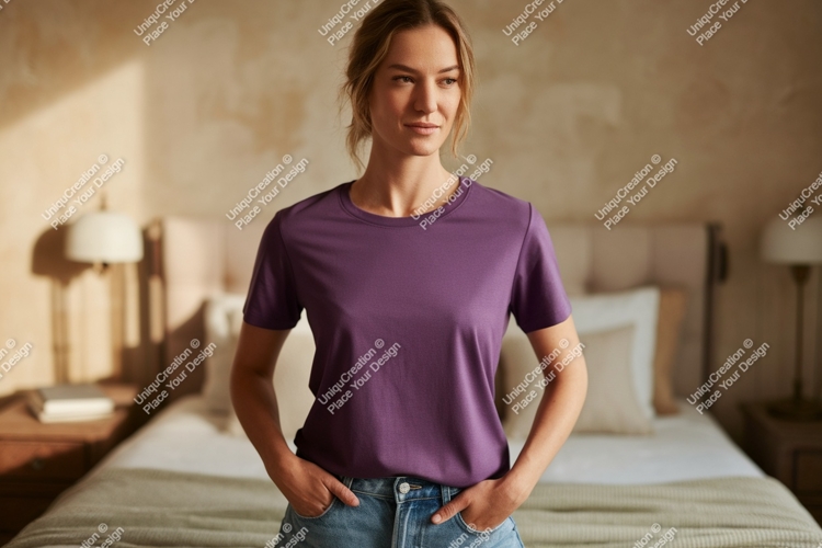 Woman wearing purple t shirt and jeans image
