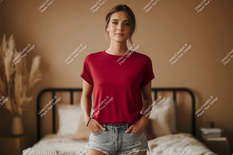 Woman wearing red shirt denim shorts image