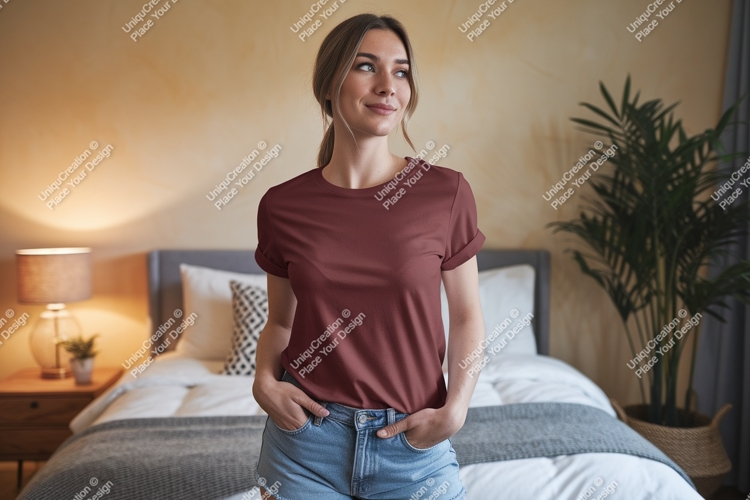 Woman wearing maroon t shirt and denim shorts