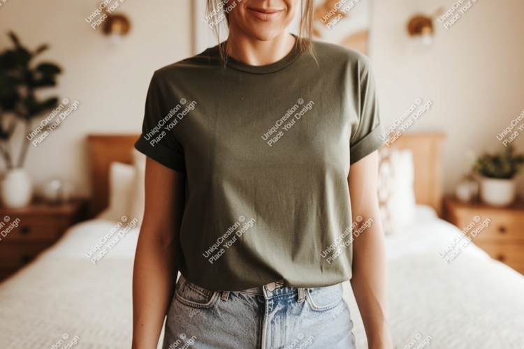 Woman wearing olive green t shirt and denim shorts