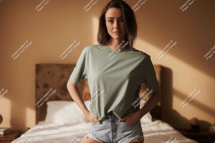 Woman wearing casual t shirt and denim shorts image