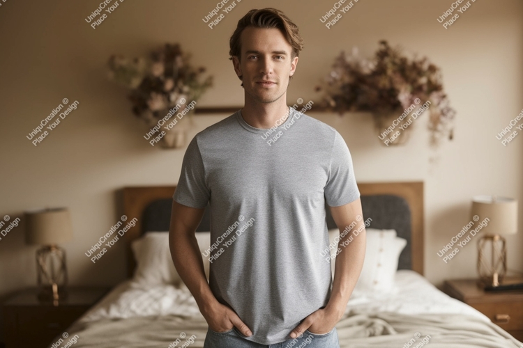 Man wearing grey t shirt mockup image