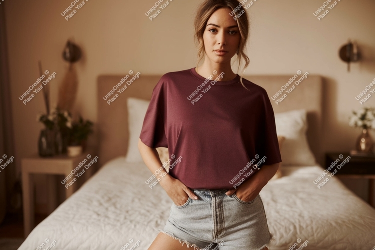 Woman wearing maroon t shirt and denim shorts image