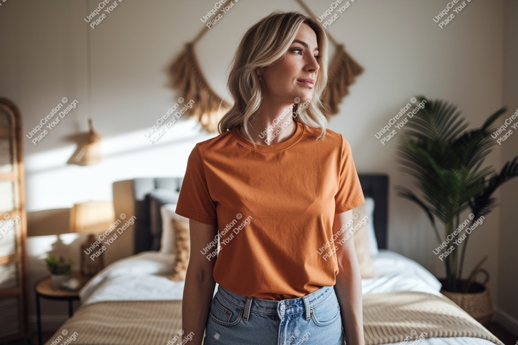 Woman wearing orange t shirt mockup