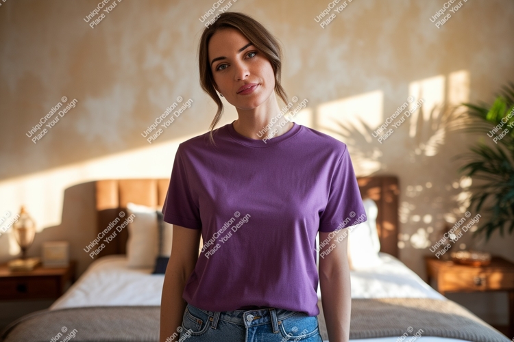 Woman wearing purple t shirt mockup