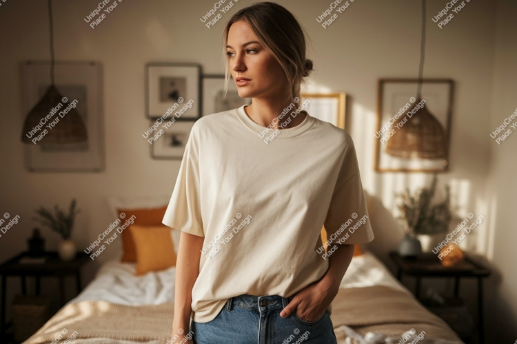 Woman wearing cream t-shirt and jeans casual